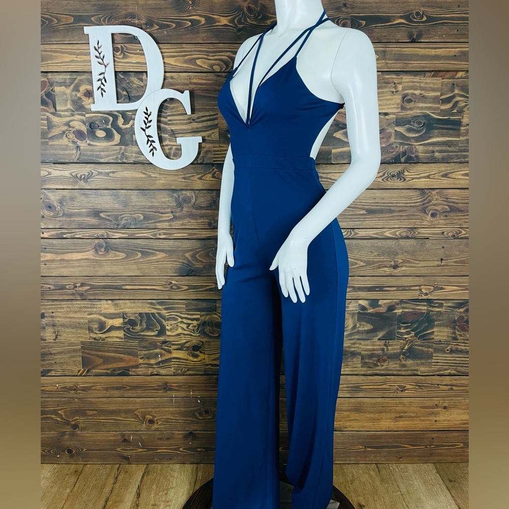 Tobi | Deep Plunge V-Neck Blue Jumpsuit Romper Strappy Spaghetti Straps Low Back